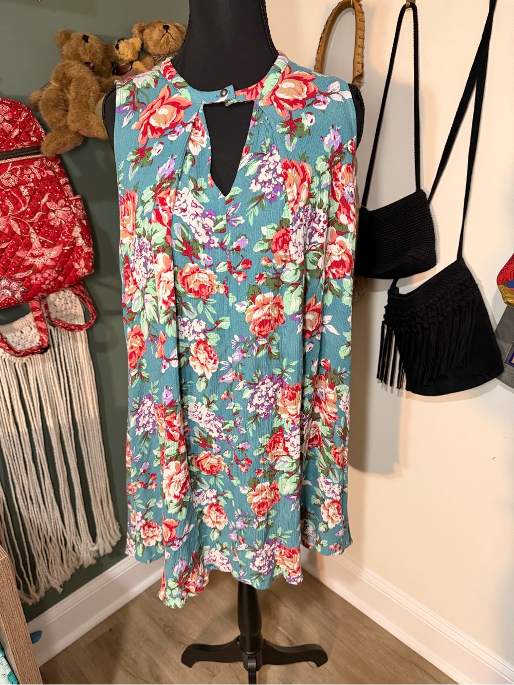 SOLD Aqua Floral Keyhole Sleeveless Dress Size Small Boho - Picture 1 of 5